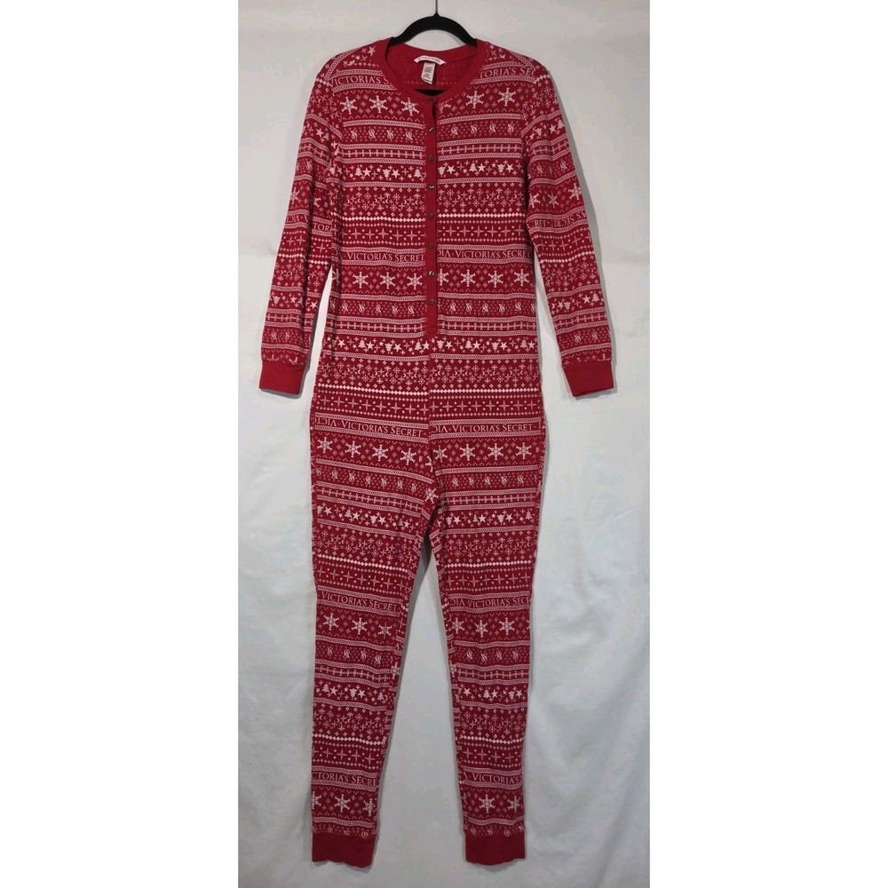 Victoria's Secret Waffle Knit Henley One Piece Medium Red Fair Isle Holiday PJs‎